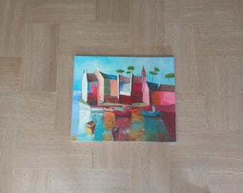 Painting Canvas Fishing Port Naive Cubist Multicolored Modern School 20th Century