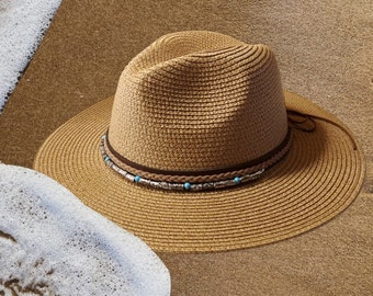 Chapeau de paille réglable pour femme, décoré d'une bande en similicuir, Chapeau Fedora à large bord, Taille moyenne, Cadeau pour la fête des Mères