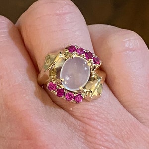 Beautiful Antique Moonstone Ruby and 10K Yellow Gold Statement Ring