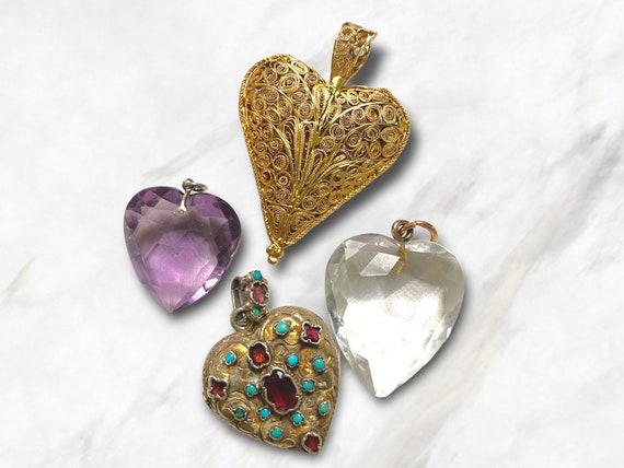 Antique Edwardian Locket and Heart Pendants 14k G… - image 1