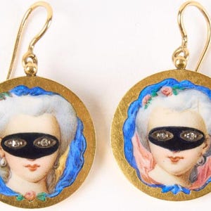 RARE 18k Enamel Rose Cut Diamond Masked Lady Patch Box Earrings