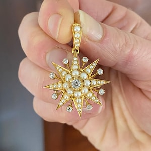 Superb 18k Yellow Gold Victorian Starburst Convertible Pendant / Brooch with Diamonds and Seed Pearls