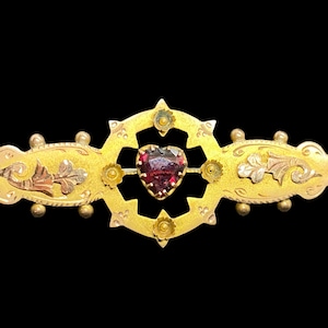 Antique 9k Solid Gold Puffy Brooch with Red Garnet Heart | 1880s England | Victorian Design