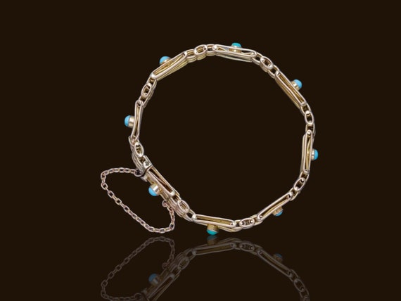 9k Yellow Gold and Turquoise Antique Gate-Link Br… - image 3