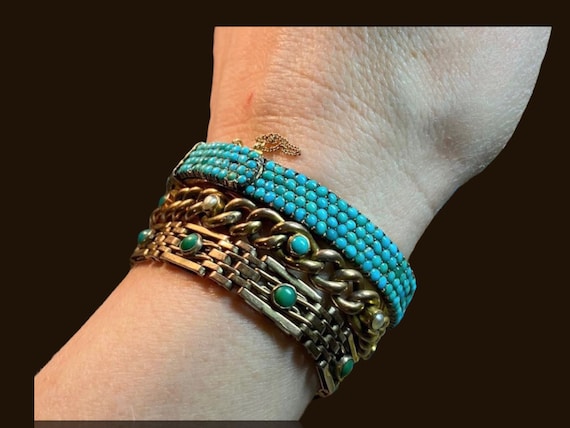 9k Yellow Gold and Turquoise Antique Gate-Link Br… - image 5