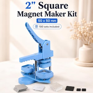 May include: A light blue 5 cm square magnet maker kit. The kit includes a press, magnets, and square components. The text on the image reads "2" Square Magnet Maker Kit" and "50 x 50 mm". The kit includes 100 sets.