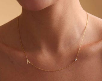 Letter Necklace,Gold Letter Necklace and Solitaire 14k,Gold Necklace,Minimal Jewelry, Valentine's Day Gift,Delicate Layered Necklace