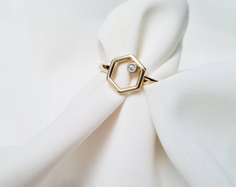 14K Gold Hexagon Ring, Geometric Knuckle Ring, Hexagon Stacking Band Ring, Dainty Wedding Ring,  Design Gold Ring Silver Ring