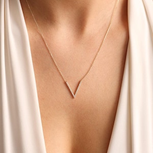 Gold Necklace,Diamond Necklace,Minimalist Necklace, Gold Stone V Necklace