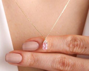 Baguette Necklace, Solid Gold Rectangle Necklace, Big Baguette Necklace, Gold, Geometric Charm, Gift For Women,Gift for Woman Necklace