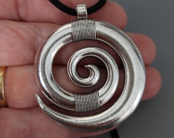 Large Vortex Spiral Choker Necklace. Big Swirl Pendant. Alternative Boho Jewelry. Adjustable Suedine Cord 37-70cm. Silver Spiral Statement