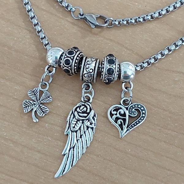 Collier style Pandora NOIR avec trèfle aile coeur - Symbole d'amour, de protection et de chance