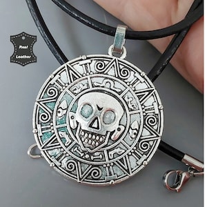 Piraten-Halskette, Cosplay, Fluch der Karibik, Jack Sparrow, Azteken-Münze, Medaillon-Anhänger an echter Lederkette oder Halsband, 38–60 cm