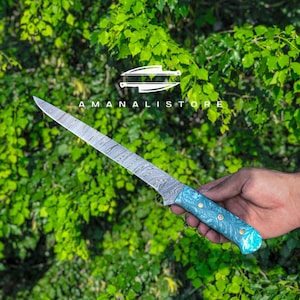 Personalisierte Filetmesser & Scheide aus Damaststahl: Handgeschmiedetes Angelgeschenk