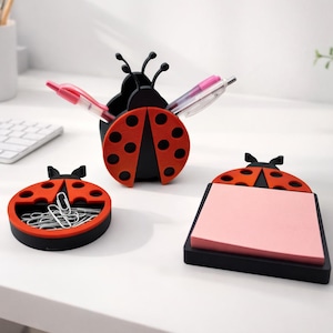 Ladybug Desk Organizer Set | 3D Printed Pen Holder, Paper Clip Holder & Sticky Note Holder | Cute Teacher or Office Desk Accessories |