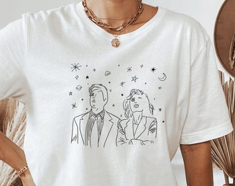 Scully & Mulder Stargazing Unisex White Tee, T-shirt, Hand Drawn, Contour Line Drawing, White Outline, Space, Fanart, Aliens, X Files