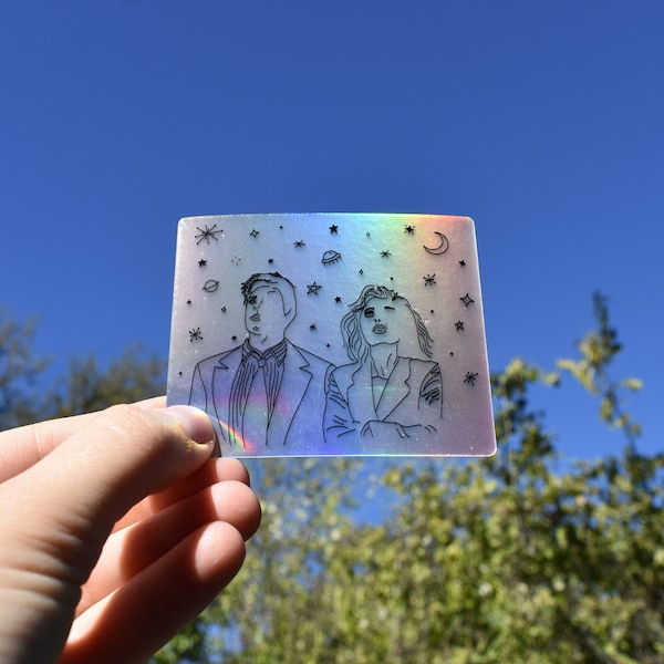 Scully & Mulder Stargazing Holographic Sticker, Die-Cut, Waterproof, 2.5"x3", Hand Drawn, Contour Line Drawing, Fanart, Aliens, X Files