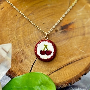 Handmade Polymer Clay Cherries & Stars Charm Reversible Necklace Unique Gift for Her