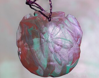 Hand-Painted Sand Dollar Christmas Ornament, Purple Pour Painting Art