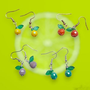 Fruit dangle earrings, lemon dangle earrings, apple dangle earrings, plum dangle earrings, and blue fruit dangle earrings, fruit lover gift