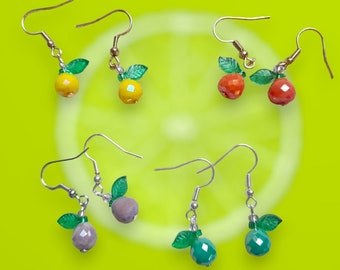 Boucles d'oreilles pendantes fruits en verre, citron, pomme, prune, fruit bleu