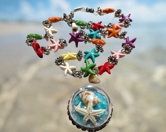 Collier pendentif boule à neige étoile de mer arc-en-ciel, bijoux de plage