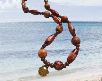 Etched Wood Beaded Choker, Seashell Charm, Beachy Jewelry