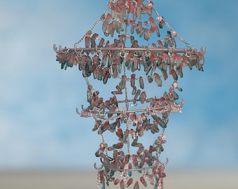 Lustre en perles de quartz fait main, pierre rose et bleue, structure en métal