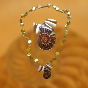 Genuine fossil pendant beaded necklace, genuine ammonite fossil pendant necklace, genuine seashell and fossil necklace, ammonite jewelry