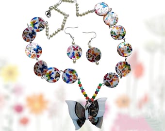 Mother of Pearl Butterfly Pendant Necklace and Earrings Set