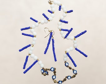 Collier de perles bleu et blanc, collier mauvais œil bleu et blanc, bijoux mauvais œil, collier bleu mauvais œil, bijoux bleu et blanc, cadeau pour les yeux
