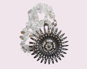 Ras de cou avec pendentif fleur en strass, collier de perles de verre transparent