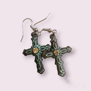 Antique patina cross charm dangle earrings, cross earrings, cross jewelry, religious jewelry, Gothic Cross Earrings, Byzantine cross jewelry