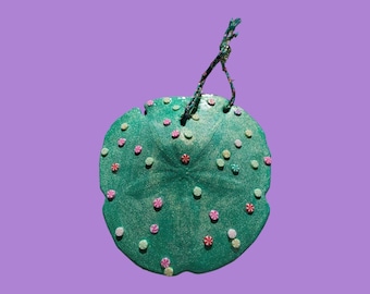 Hand Painted Green Sand Dollar Ornament, Candy Seashell Decor
