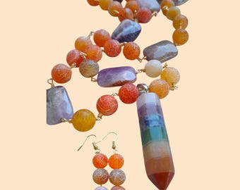 Ensemble collier et boucles d'oreilles en perles d'agate arc-en-ciel et en pierre, ensemble de bijoux en perles d'agate et d'améthyste, ensemble de bijoux en perles de pierre arc-en-ciel