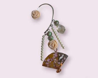 Bijou d'oreille en éventail avec perles, cache oreille rose non piercing