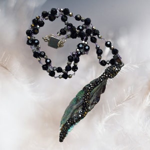 Black Abalone feather pendant necklace, feather necklace, black glass beaded necklace, black bird feather necklace, gothic feather jewelry