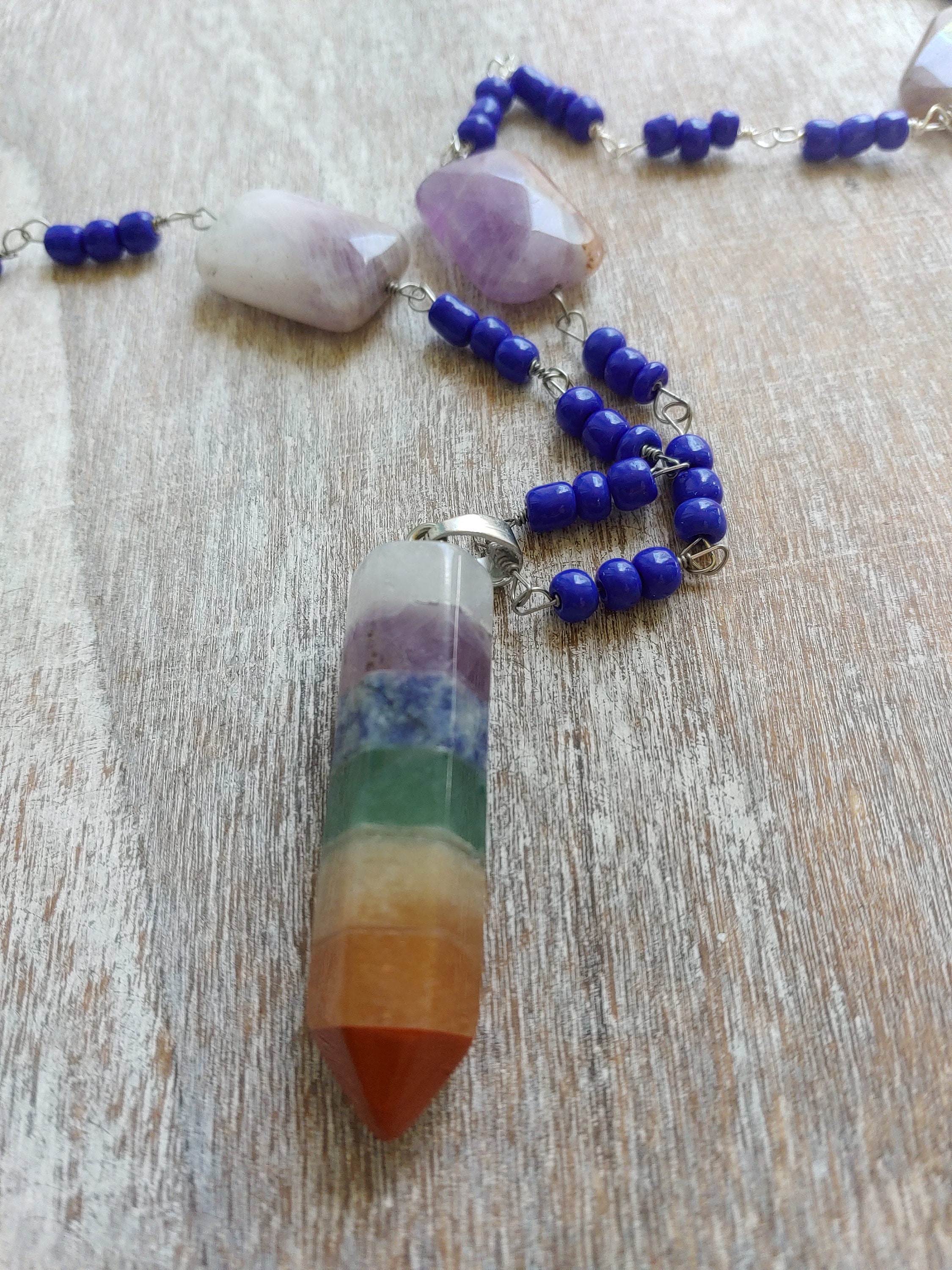 Rainbow arrow pendant necklace with amethyst and blue glass beading