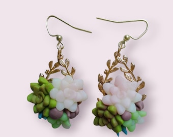 Boucles d'oreilles pendantes succulentes en argile polymère, bijoux à breloque botanique