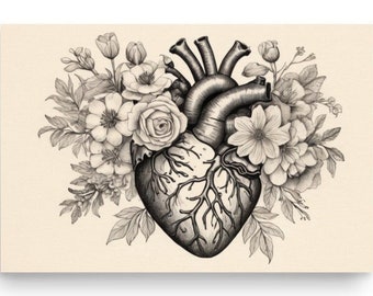 Affiche cardiaque anatomique de style vintage | Œuvre d’art de coeur de fleur | Décoration murale en papier mat | Des cadeaux uniques pour lui