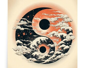 Yin Yang Symbol in Colored Japan Art Ink Style Poster | Matte Paper Art | Gifts for him or her | Wall decoration