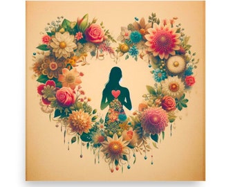 Affiche coeur floral de style vintage | Œuvre d’art d’amour et de romance | Décoration murale en papier mat | Des cadeaux uniques pour lui