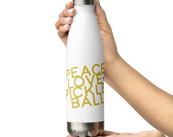 Pickleball Water Bottle | Pickleball Gift | Pickleball Player Gift | Peace, Love + Pickleball Modern Typographic Water Bottle