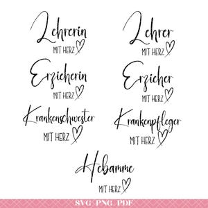 Archivo de trazador alemán "Profesiones con corazón" | SVG de profesor/a | SVG de profesor/a de jardín de infancia | SVG de enfermera/a | SVG de matrona | Silueta de Cricut