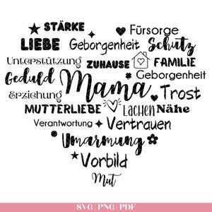 Könnte beinhalten: Ein schwarzes Grafikdesign in Herzform, das in der Mitte das Wort Mama zeigt, umgeben von deutschen Wörtern wie Stärke, Liebe, Fürsorge, Schutz, Zuhause, Familie, Geduld, Erziehung, Trost, Mutterliebe, Lachen, Nähe, Vertrauen, Umarmung, Vorbild und Mut.