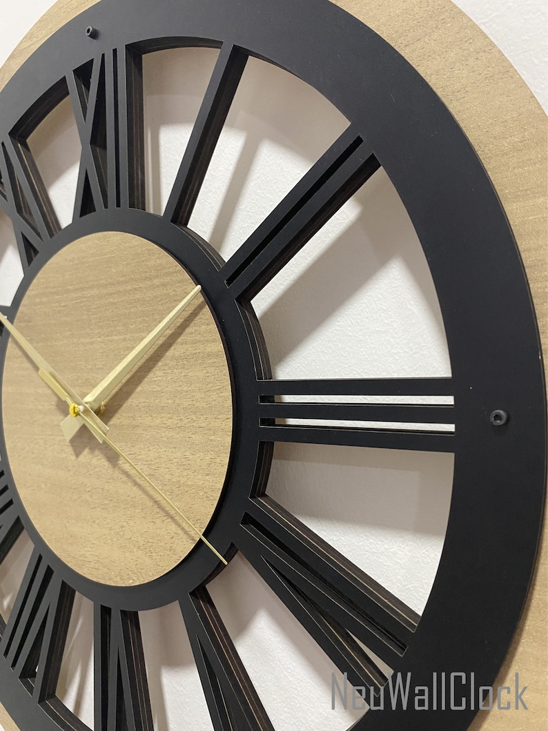 Black Large Wall Clock Wood Wall Clock Silent Wooden Wall Etsy