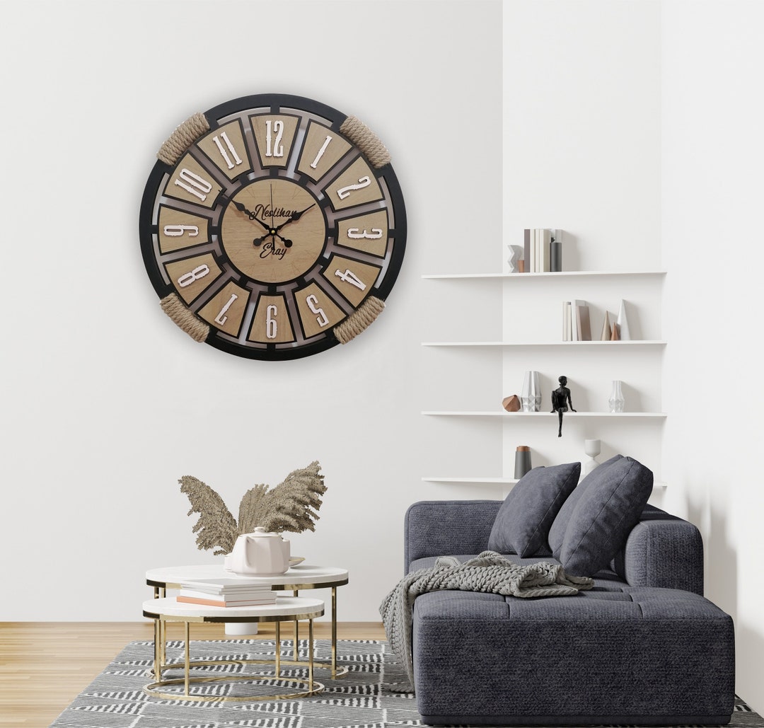 Black Large Wall Clock Rope Wooden Clock Personalized Unique Etsy