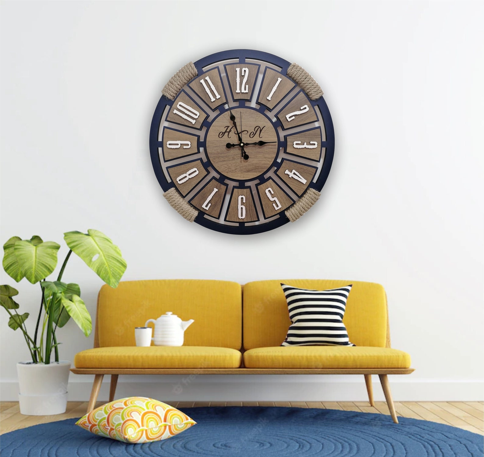 Navy Blue Wall Clock Wooden Clock Home Decorpersonalize Etsy