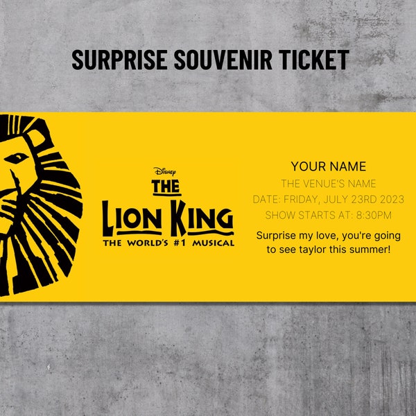 The LION KING Ticket, Editable Musical Ticket, Custom Faux Event Admission, Personalizable Broadway Ticket