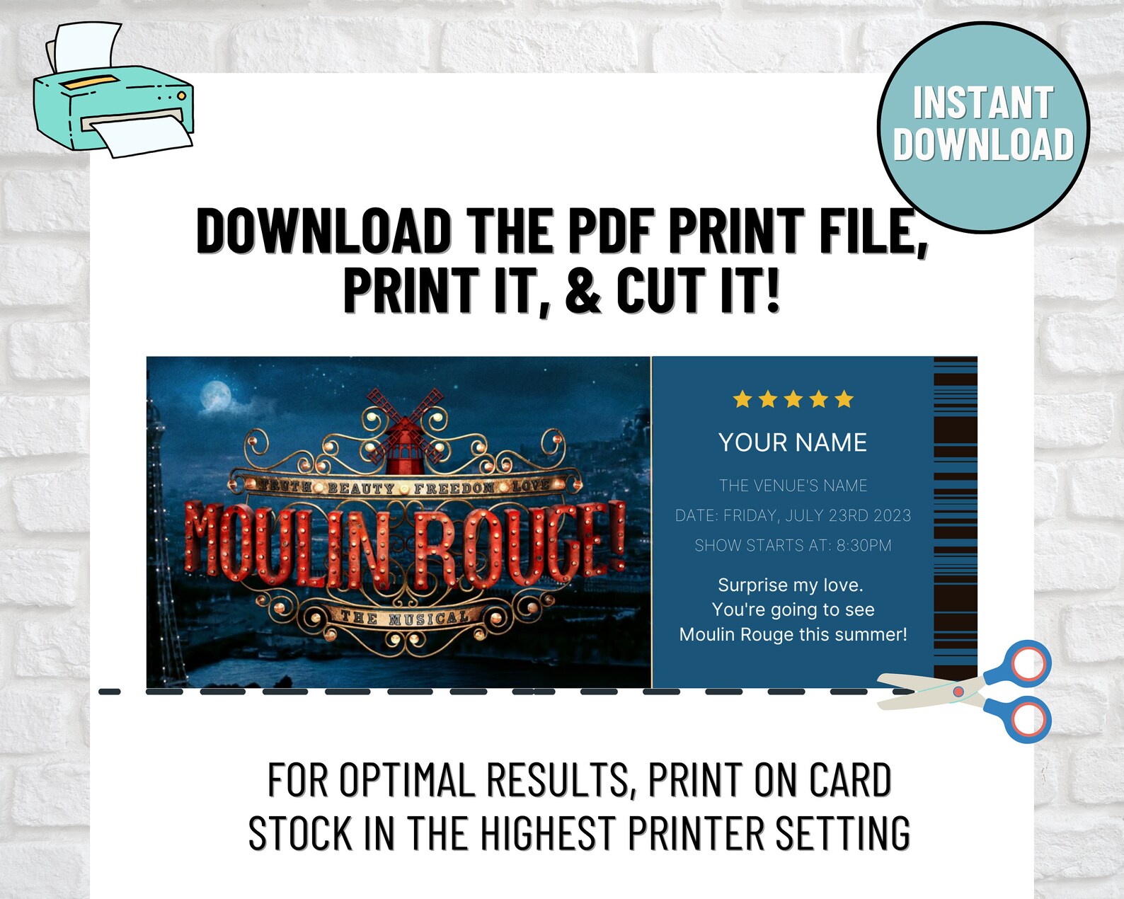 Editable MOULIN ROUGE Ticket, Surprise Musical Theater Ticket, Moulin Rouge Broadway Musical